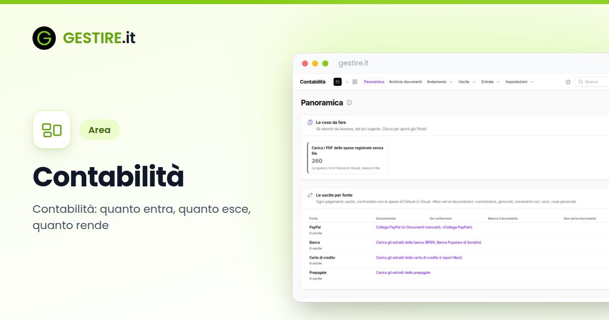 Contabilità in gestire.it: la Panoramica della Contabilità con le cose da fare e le uscite senza documento