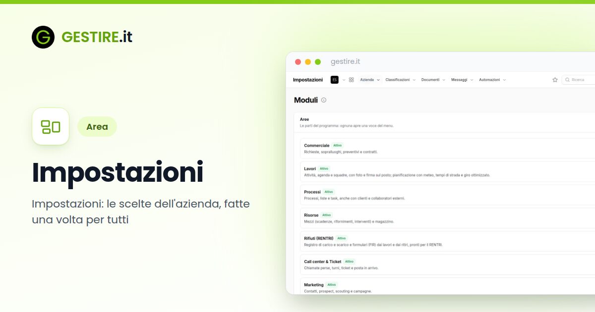 Impostazioni in gestire.it: la pagina Moduli con le aree, le funzioni di settore e i servizi aggiuntivi dell'azienda