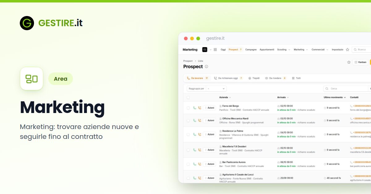 Marketing in gestire.it: l'elenco dei prospect con il commerciale, lo stato e il prossimo richiamo