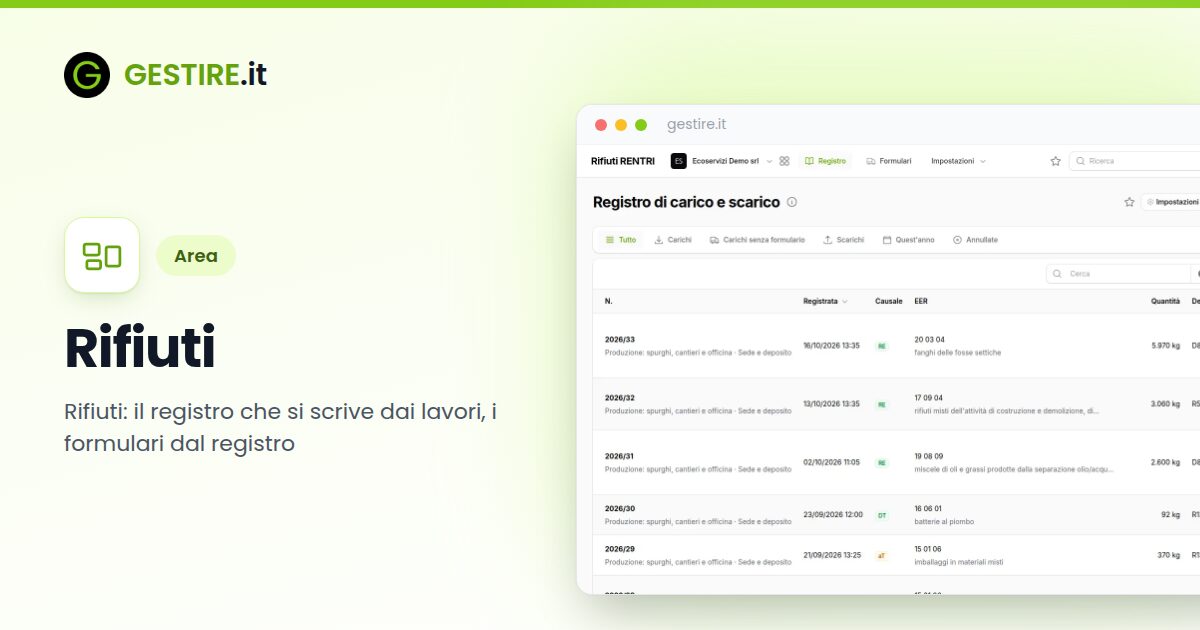 Rifiuti in gestire.it: il registro di carico e scarico con numero, codice EER, quantità e formulario di ogni registrazione