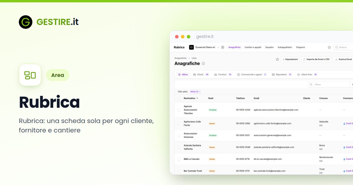 Rubrica in gestire.it: l'elenco delle anagrafiche con ruoli, contatti e partita IVA