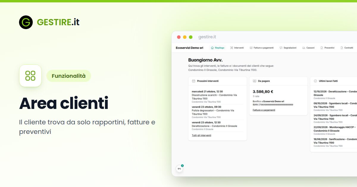 Area clienti in gestire.it: il riepilogo dell'area clienti con i prossimi interventi, quanto resta da pagare e gli ultimi lavori fatti