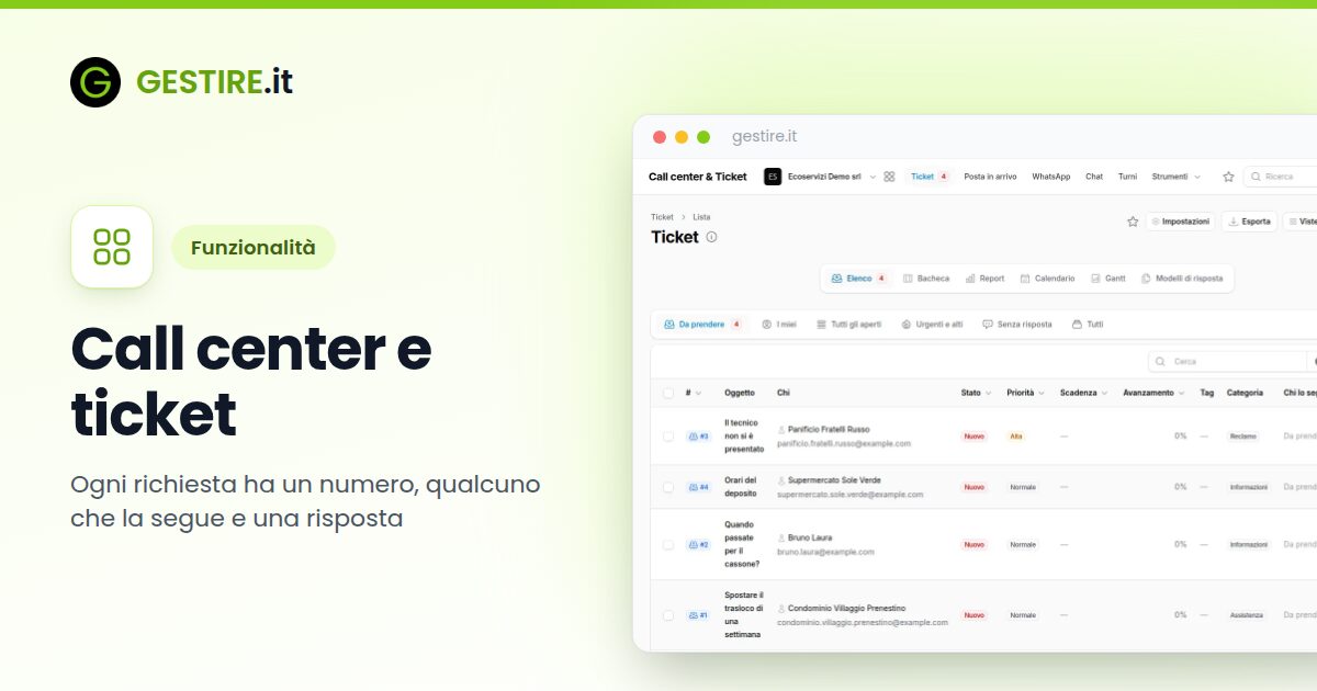 Call center e ticket in gestire.it: l'elenco dei ticket con le viste Da prendere, I miei e Scaduti, il canale di arrivo e chi li segue