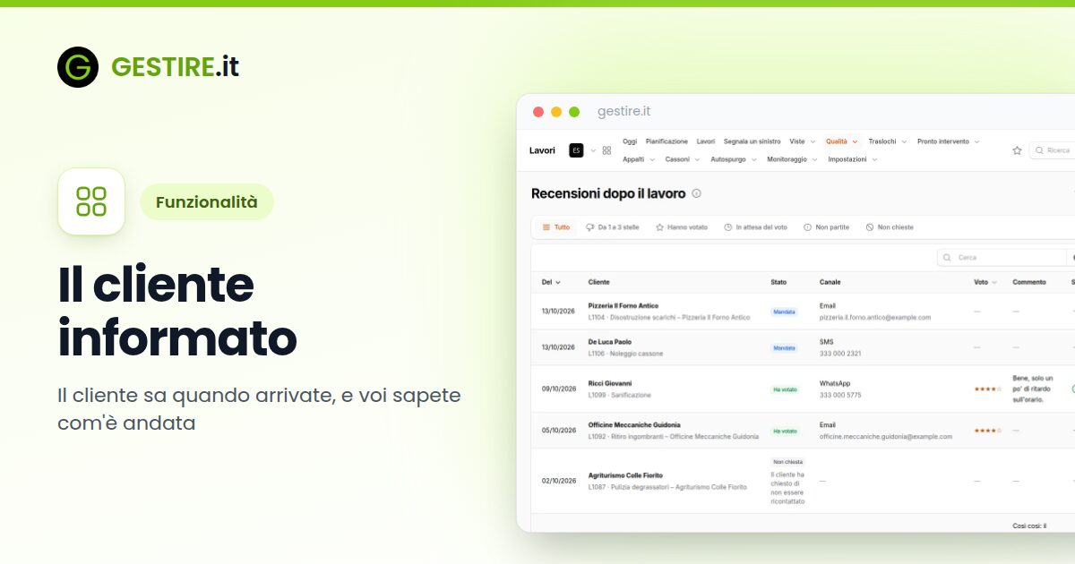 Il cliente informato in gestire.it: la pagina Recensioni dopo il lavoro con i voti dei clienti, quelli in attesa e quelli non partiti