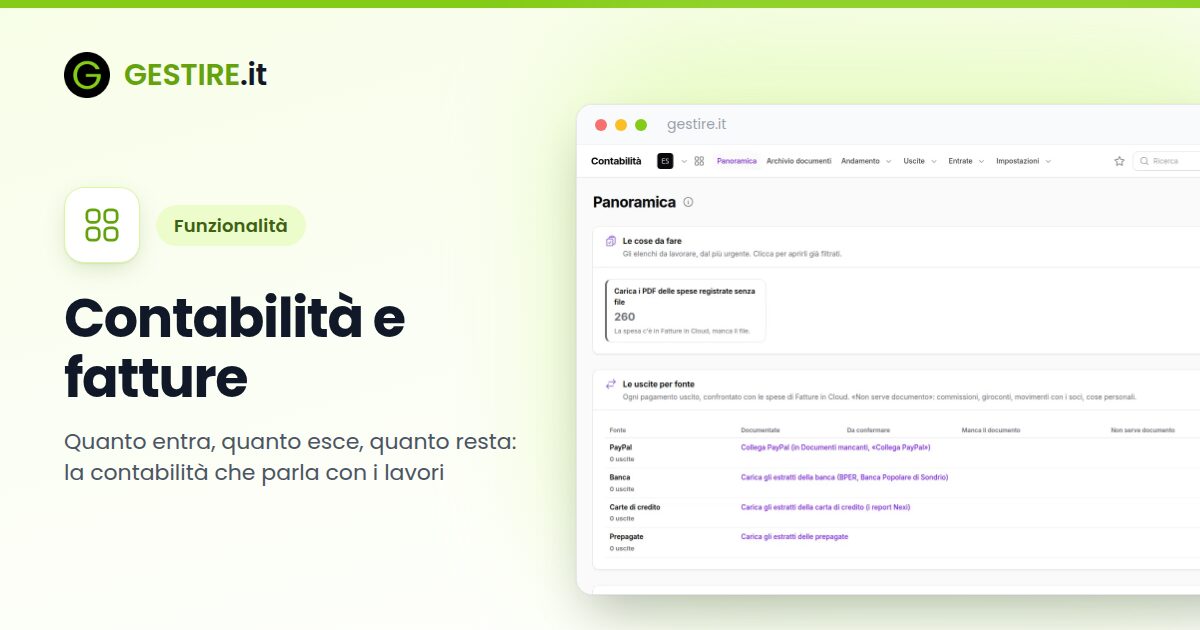 Contabilità e fatture in gestire.it: la panoramica della Contabilità con le cose da fare, le uscite per fonte e gli estratti per conto