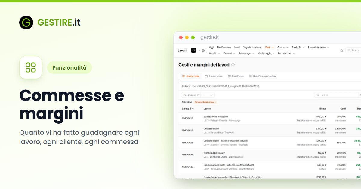 Commesse e margini in gestire.it: i lavori chiusi del mese con ricavo, costi e margine di ognuno e i totali del periodo