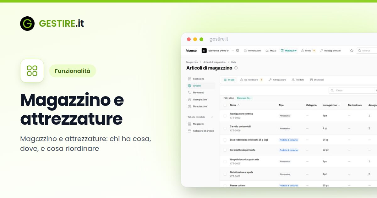 Magazzino e attrezzature in gestire.it: gli articoli del magazzino con giacenze, assegnati e prodotti da riordinare