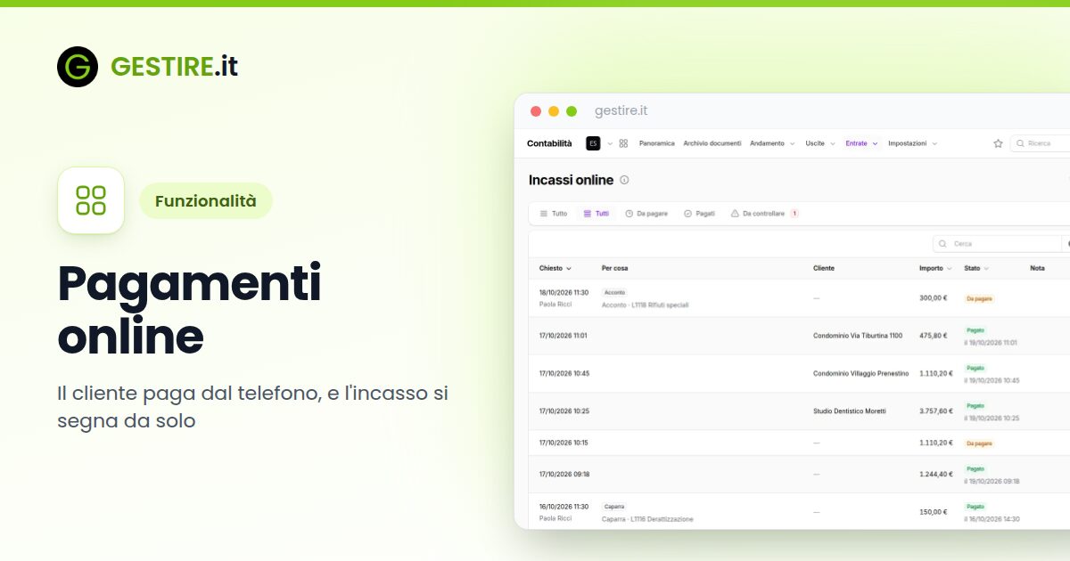Pagamenti online in gestire.it: la pagina Incassi online con acconti, caparre e fatture: pagati, da pagare e da controllare