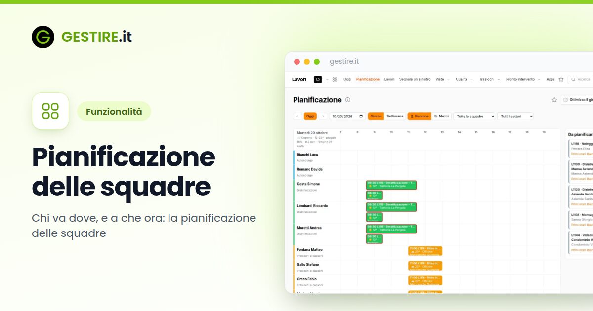 Pianificazione delle squadre in gestire.it: la pianificazione del giorno con una riga per persona, i lavori colorati, la strada tratteggiata e il meteo