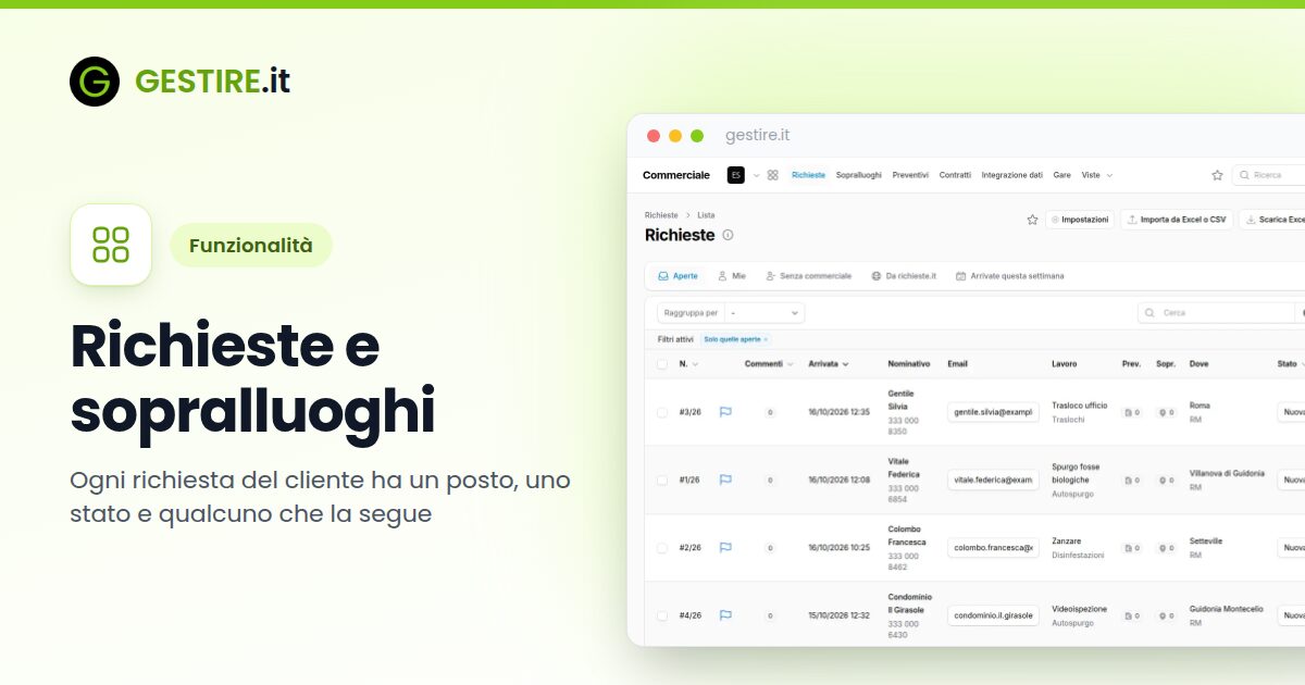 Richieste e sopralluoghi in gestire.it: l'elenco delle richieste aperte con le viste Mie, Senza commerciale e Arrivate questa settimana