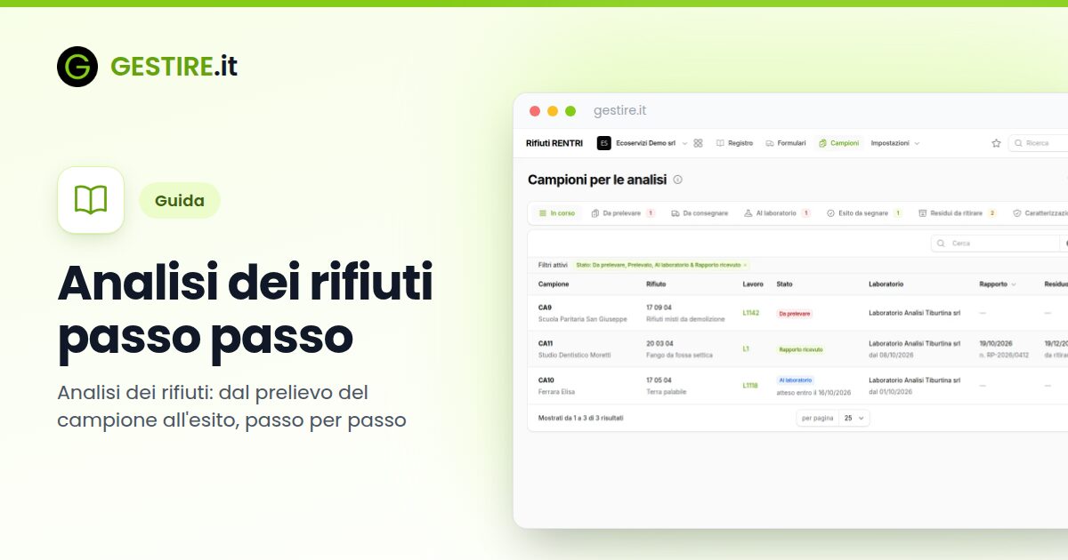 Analisi dei rifiuti passo passo in gestire.it: elenco dei campioni per le analisi con stato, laboratorio, rapporto di prova e residuo