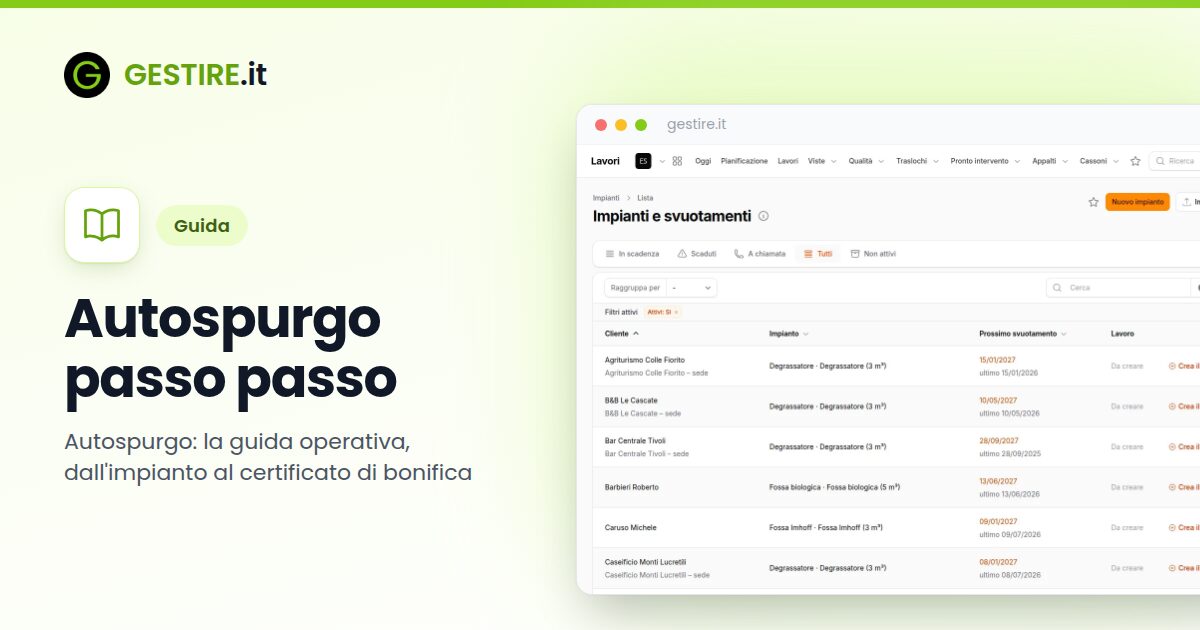 Autospurgo passo passo in gestire.it: elenco degli impianti dei clienti con tipo, capacità, ultimo e prossimo svuotamento