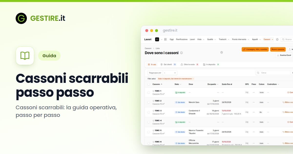 Cassoni scarrabili passo passo in gestire.it: elenco dei cassoni con stato, cliente, giorni dalla consegna e scadenza della sosta