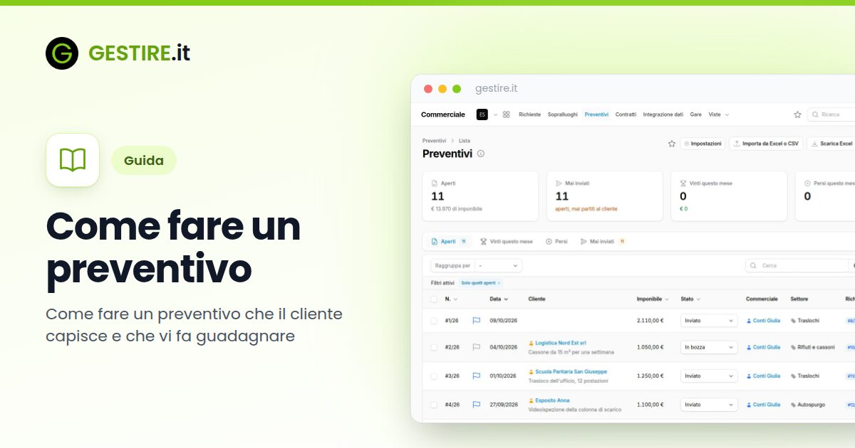 Come fare un preventivo in gestire.it: l'elenco dei preventivi con data, cliente, imponibile, stato, commerciale e settore