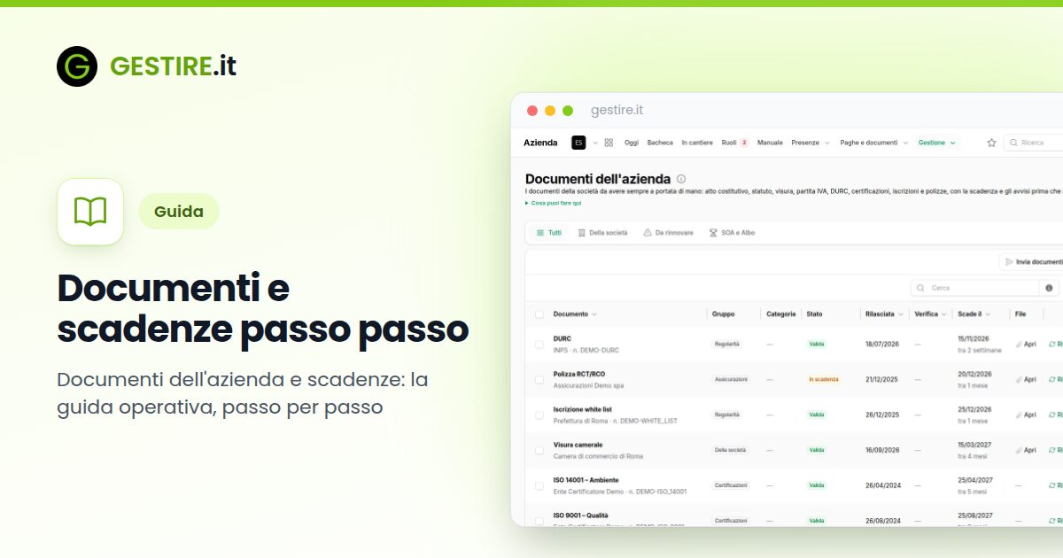 Documenti e scadenze passo passo in gestire.it: elenco dei documenti dell'azienda con gruppo, stato, data di rilascio, scadenza e file