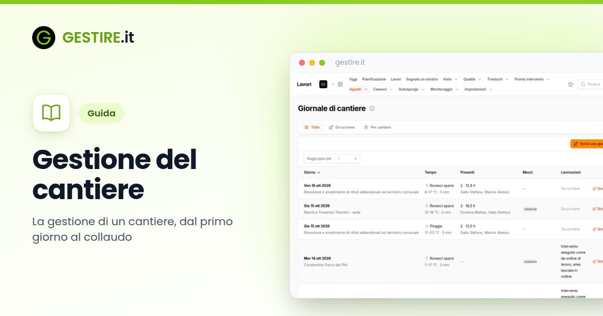 Gestione del cantiere in gestire.it: il giornale di cantiere giorno per giorno con meteo, presenti e ore, mezzi e lavorazioni, e le giornate ancora da scrivere
