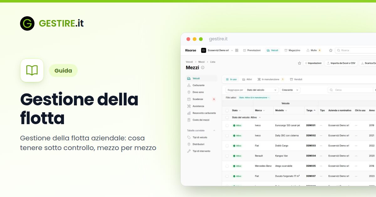 Gestione della flotta in gestire.it: l'elenco dei veicoli con chi li usa, la prima scadenza e il carburante degli ultimi 12 mesi