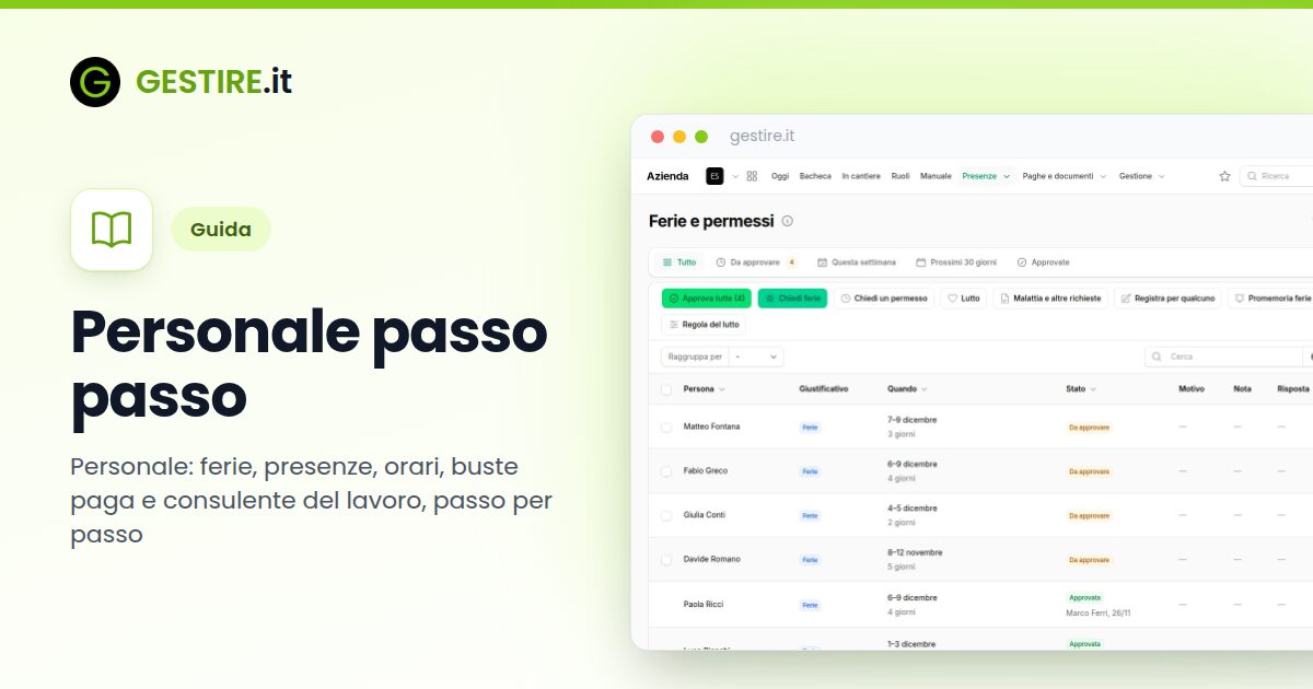 Personale passo passo in gestire.it: ferie e permessi con le richieste da approvare in cima e quelle approvate