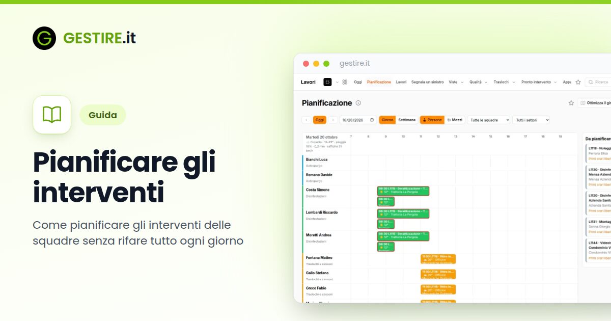 Pianificare gli interventi in gestire.it: la pianificazione della settimana con una riga per persona, i lavori colorati, il meteo e la striscia dei tempi di strada