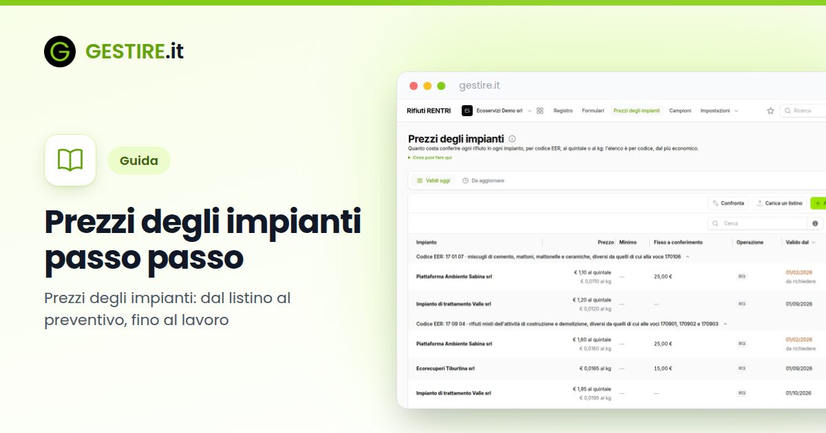 Prezzi degli impianti passo passo in gestire.it: elenco dei prezzi degli impianti raggruppati per codice EER