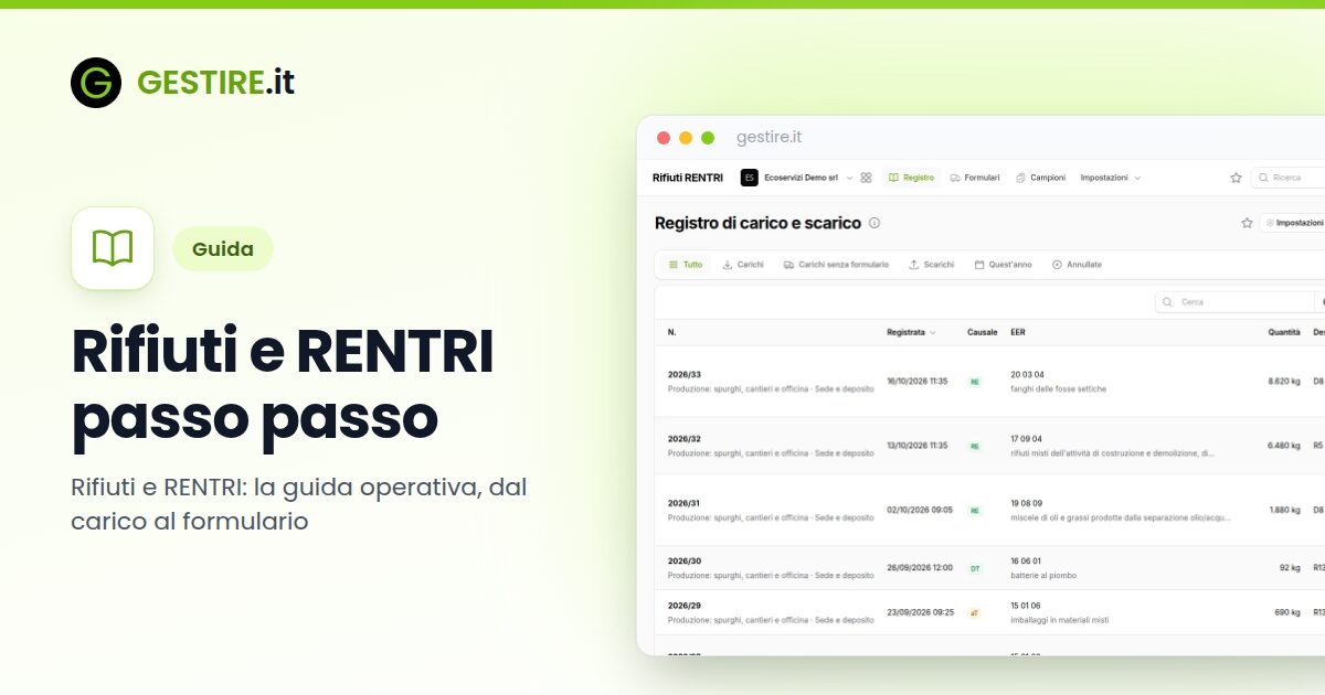Rifiuti e RENTRI passo passo in gestire.it: il registro di carico e scarico con numero, causale, codice EER, quantità, destinazione e formulario