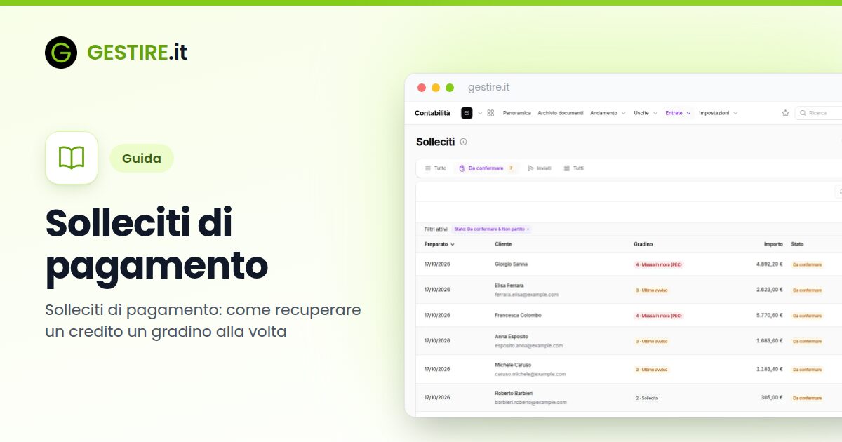 Solleciti di pagamento in gestire.it: la vista «Da confermare» dei solleciti, con una messa in mora via PEC pronta da rileggere