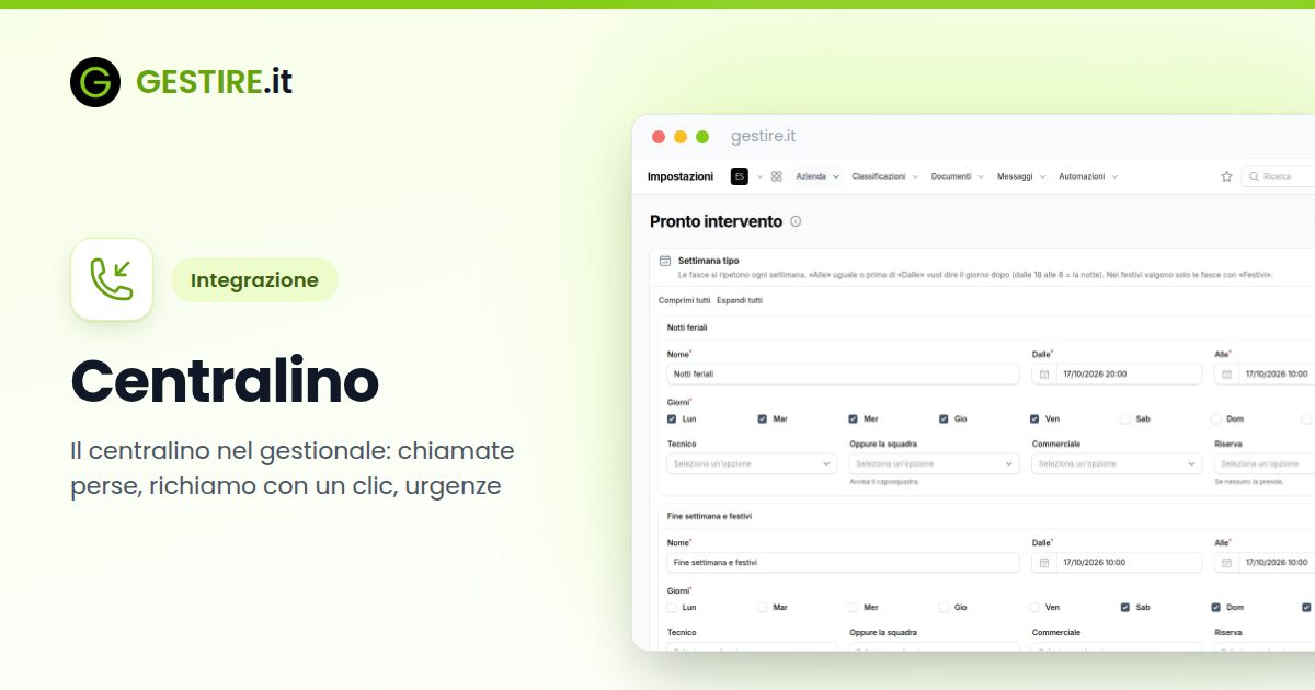 Integrazione Centralino con gestire.it: impostazioni del pronto intervento con la settimana tipo della reperibilità e la sezione Dal centralino