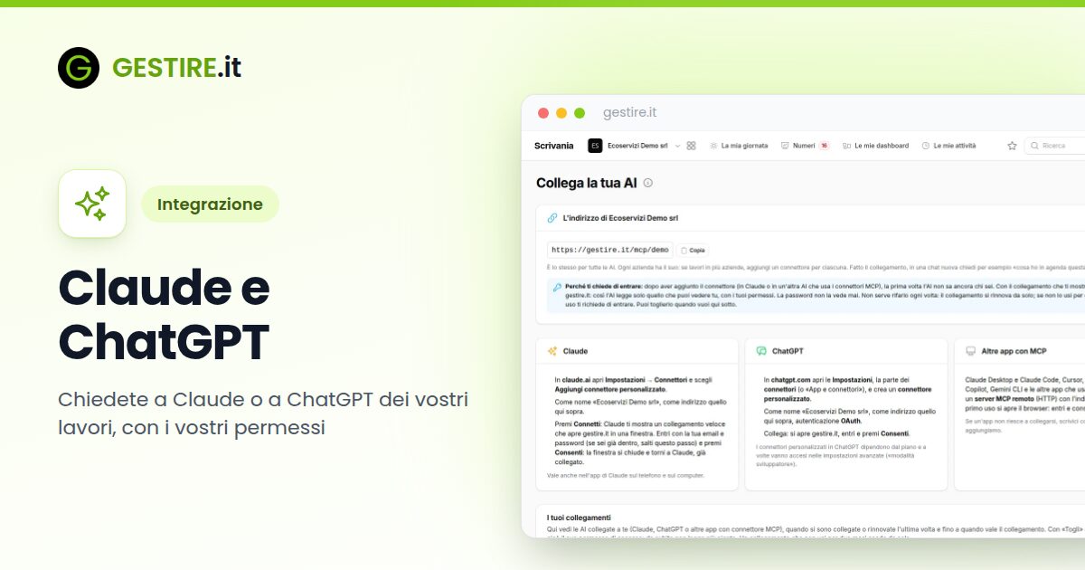 Integrazione Claude e ChatGPT con gestire.it: pagina Collega la tua AI con l'indirizzo del connettore, le istruzioni per Claude e ChatGPT e i collegamenti attivi