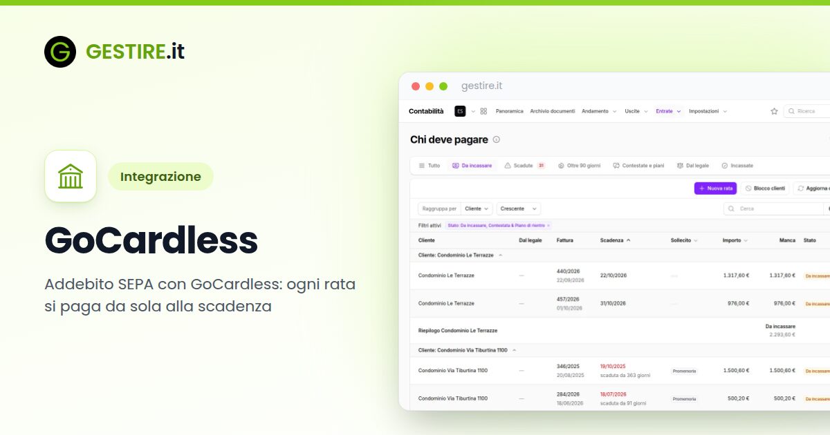Integrazione GoCardless con gestire.it: la pagina Riscossioni con le rate da incassare raggruppate per cliente