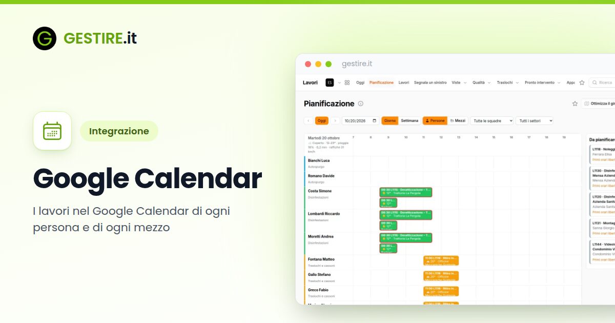 Integrazione Google Calendar con gestire.it: pianificazione del giorno con una riga per persona e mezzo, i lavori colorati e gli appuntamenti di Google in grigio