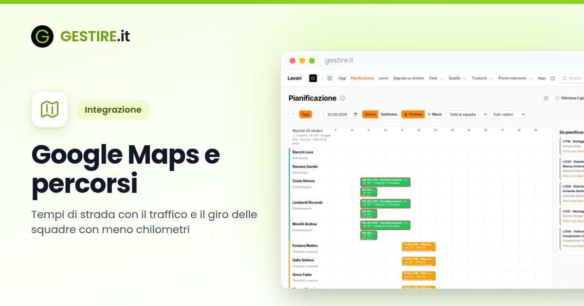Integrazione Google Maps e percorsi con gestire.it: pianificazione del giorno con le strisce tratteggiate dei tempi di strada fra un lavoro e l'altro
