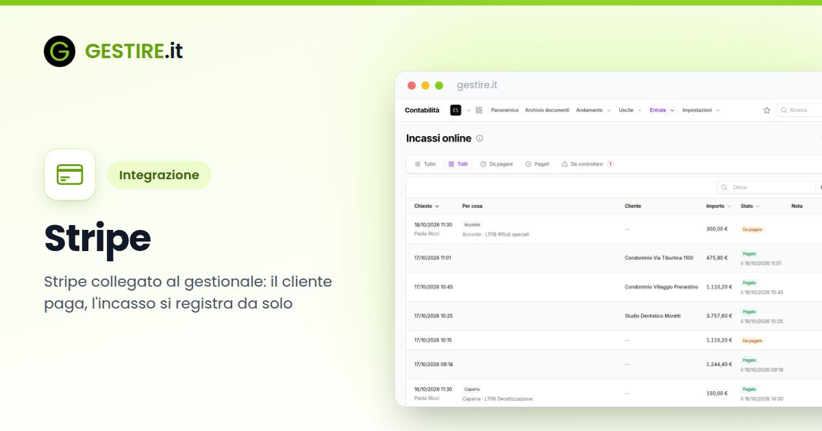 Integrazione Stripe con gestire.it: elenco degli incassi online con acconti, saldi e fatture, pagati e da pagare