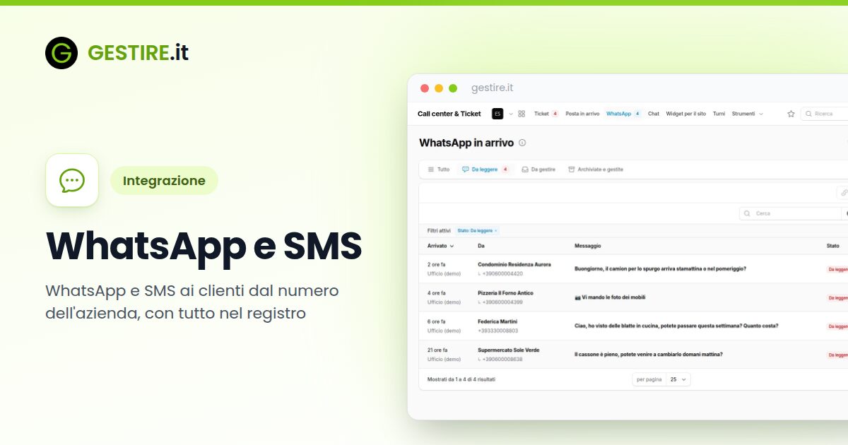 Integrazione WhatsApp e SMS con gestire.it: elenco delle conversazioni WhatsApp dei clienti, una riga per persona con l'ultimo messaggio
