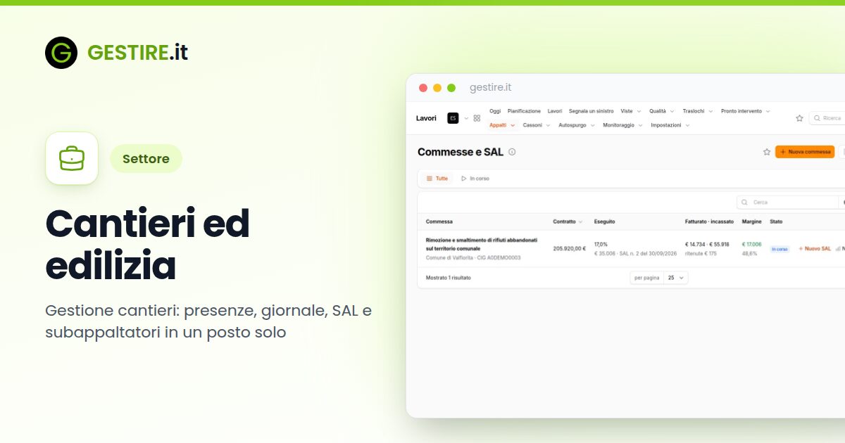 Cantieri ed edilizia in gestire.it: elenco delle commesse con importo del contratto, eseguito, fatturato, incassato, ritenute e margine