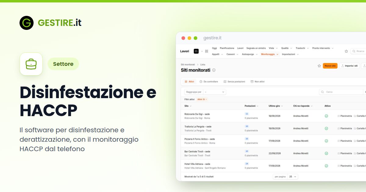 Disinfestazione e HACCP in gestire.it: elenco dei siti monitorati con cliente, postazioni, frequenza dei controlli e ultimo giro