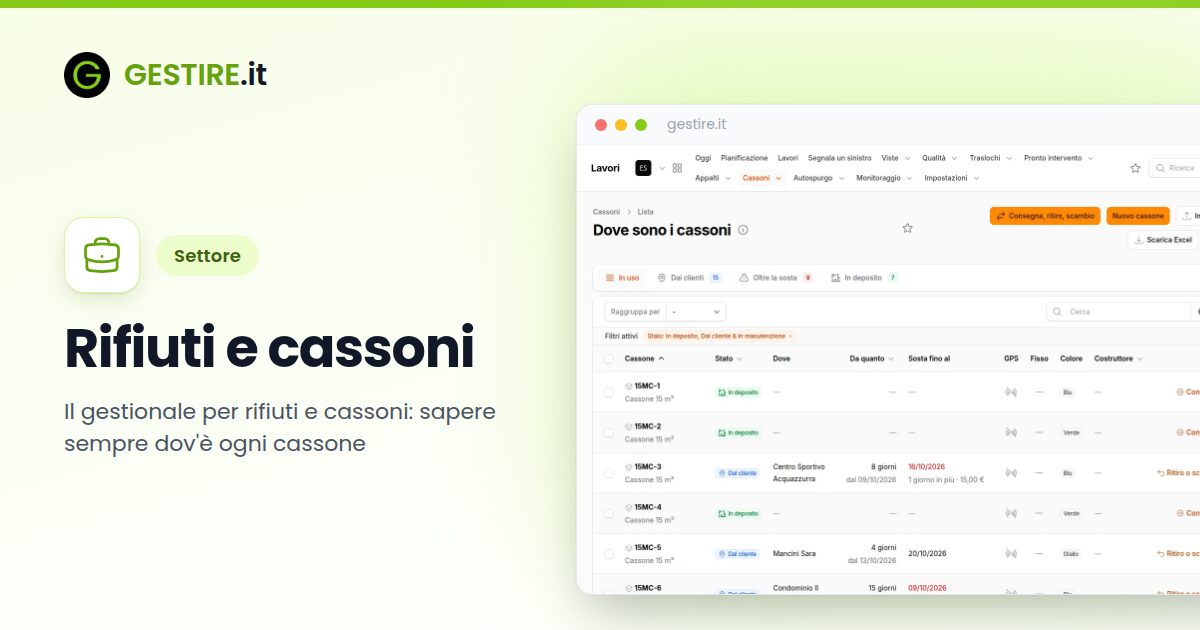 Rifiuti e cassoni in gestire.it: elenco dei cassoni con dove si trovano, da quanti giorni e la sosta concordata, con le viste Dai clienti e Oltre la sosta