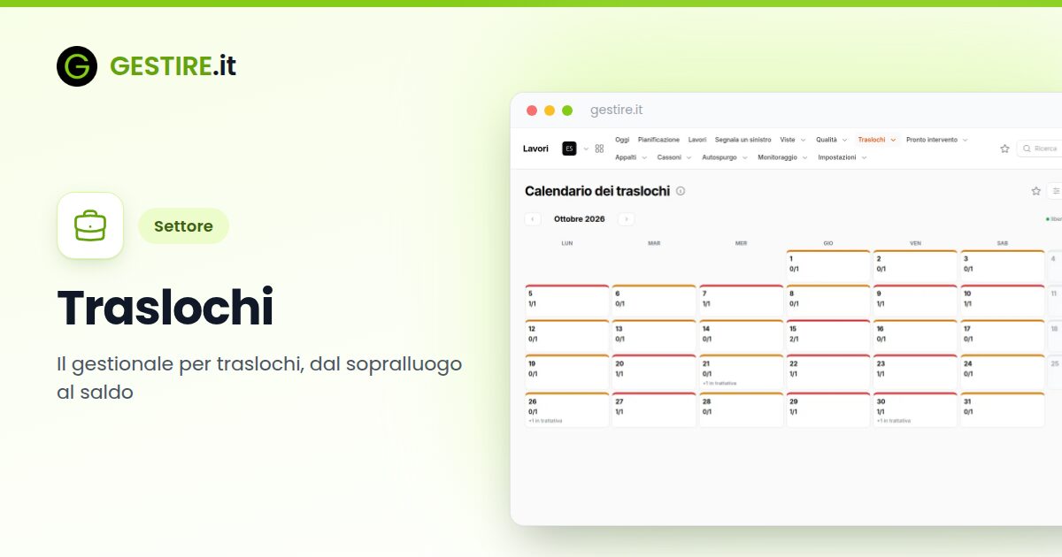 Traslochi in gestire.it: calendario del mese dei traslochi con i giorni verdi, arancioni e rossi secondo la capacità delle squadre