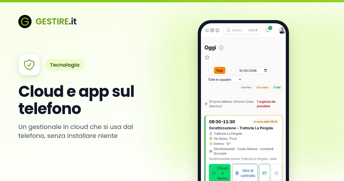 Cloud e app sul telefono in gestire.it: la pagina Oggi sul telefono: il lavoro della giornata con indirizzo, meteo e i pulsanti Comincio, Giro e Scheda