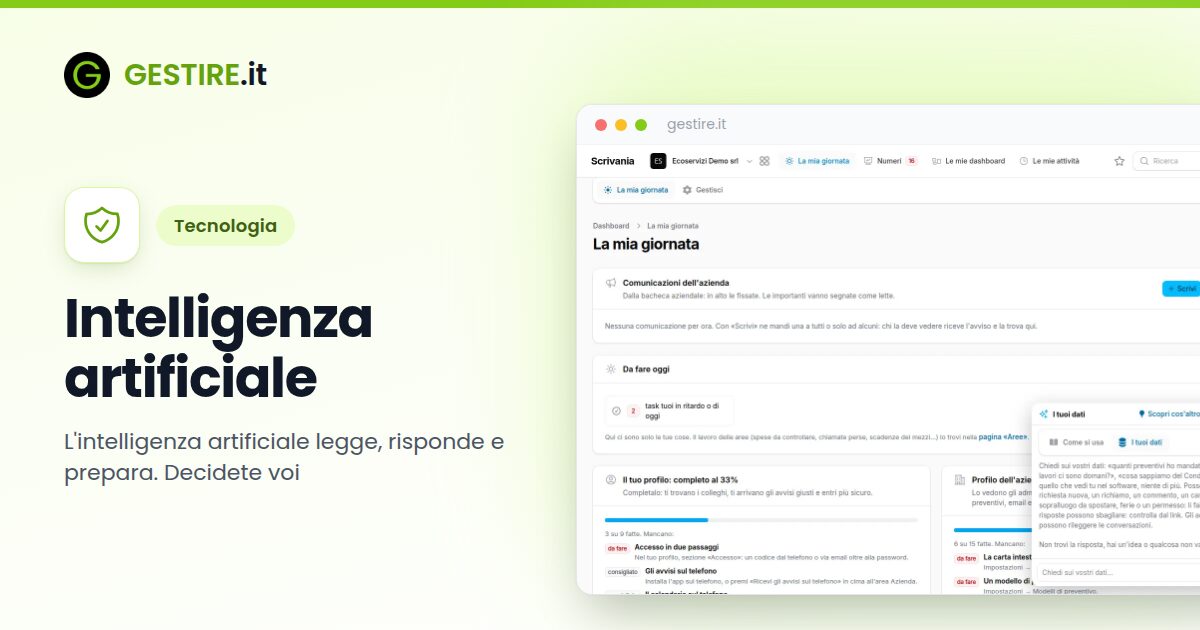 Intelligenza artificiale in gestire.it: la finestra Chiedi aperta sulla scheda I tuoi dati, con gli esempi di domande sui dati dell'azienda