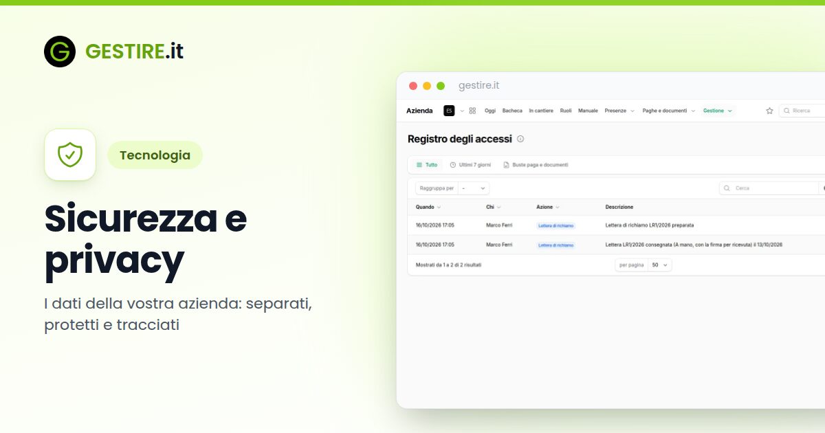 Sicurezza e privacy in gestire.it: il registro degli accessi dell'area Azienda con chi ha aperto buste paga e documenti