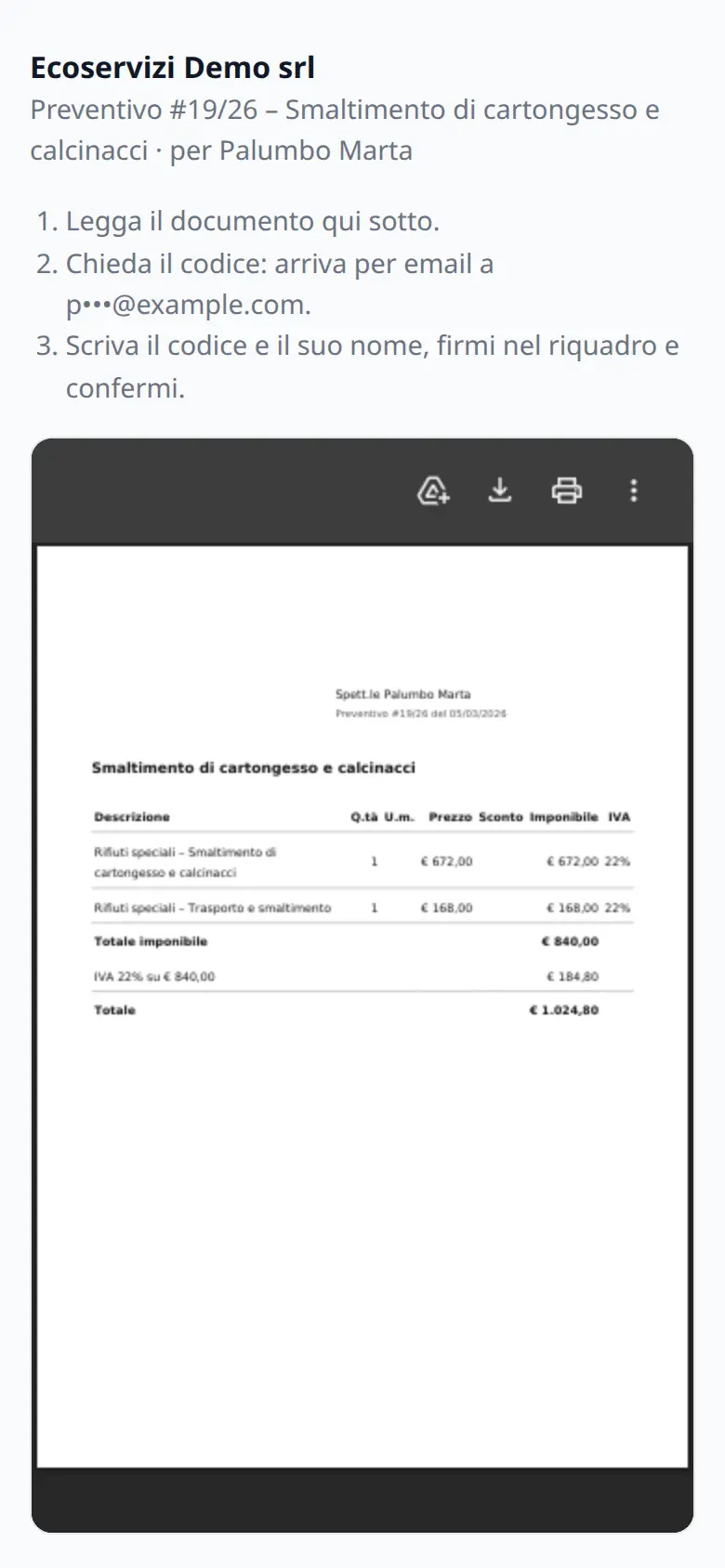La pagina che il cliente apre dal telefono per leggere e firmare il preventivo con il codice ricevuto