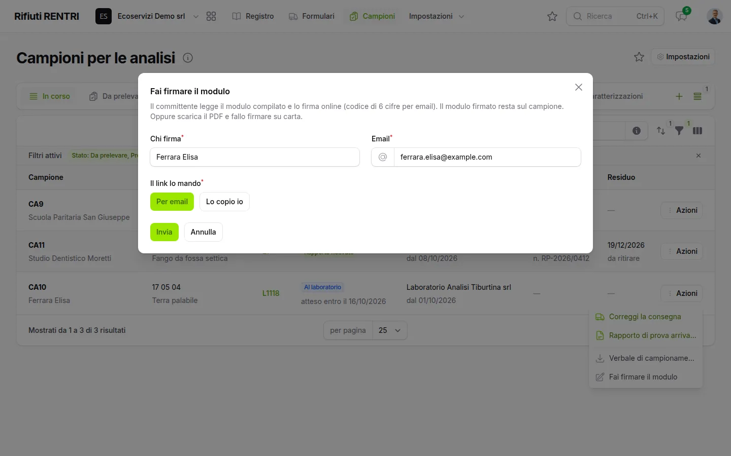Finestra per far firmare il modulo al cliente, con nome, email e invio del link