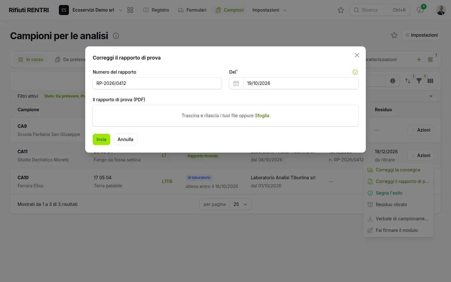 Finestra del rapporto di prova con numero, data e PDF