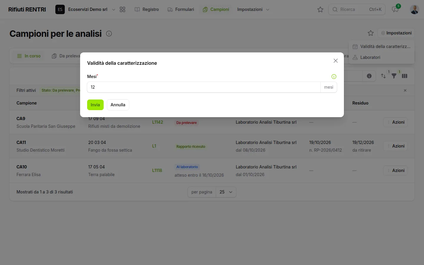 Finestra della validità della caratterizzazione in mesi