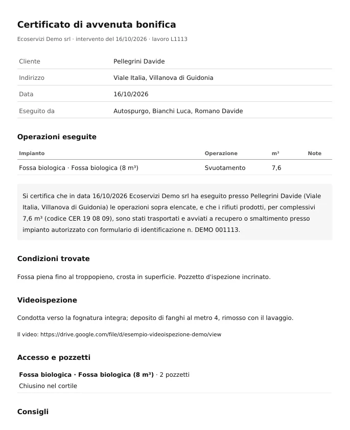 Il certificato di avvenuta bonifica con operazioni, metri cubi, codice del rifiuto, FIR e videoispezione