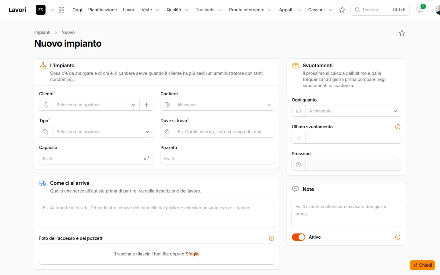 Modulo del nuovo impianto con cliente, tipo, capacità, pozzetti, accesso e frequenza degli svuotamenti