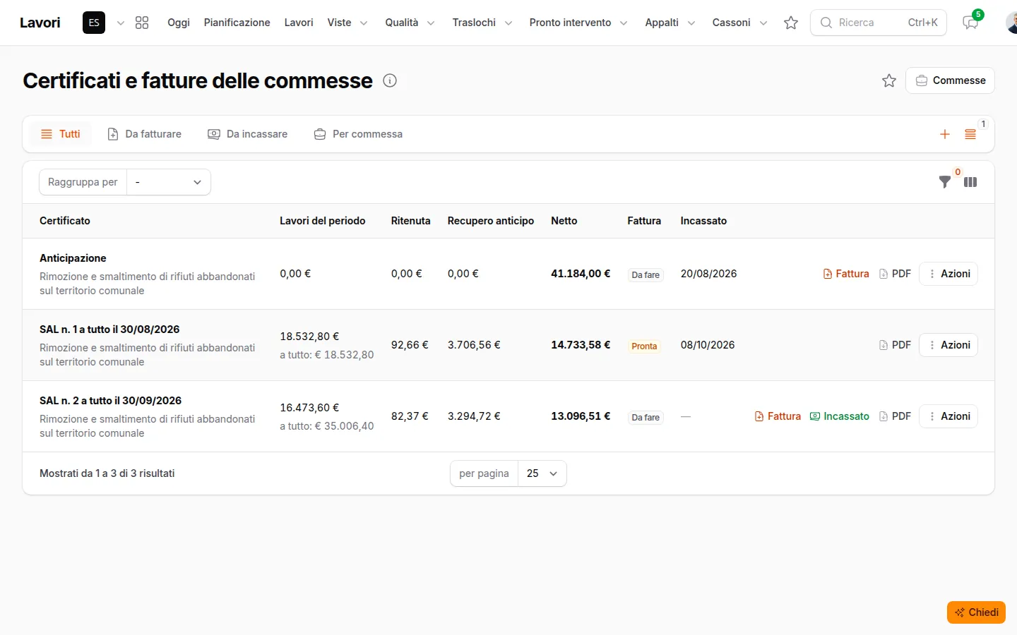 I certificati e le fatture delle commesse con netto, fattura e incassato