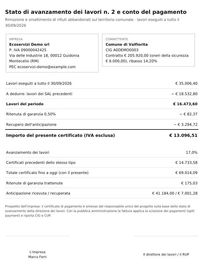 Il PDF dello stato di avanzamento dei lavori con il conto del pagamento