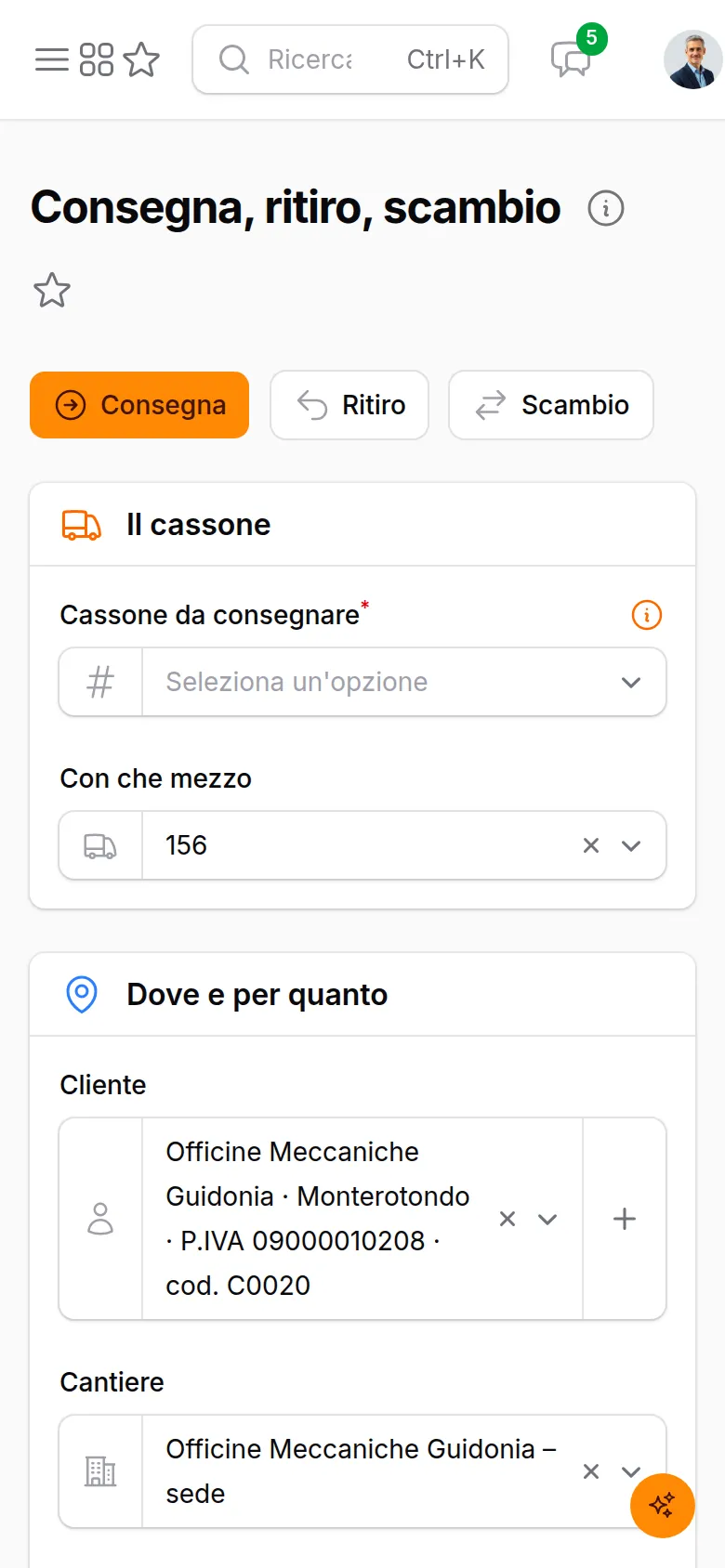 La registrazione del passaggio sul telefono, con il cassone, il mezzo e il cliente