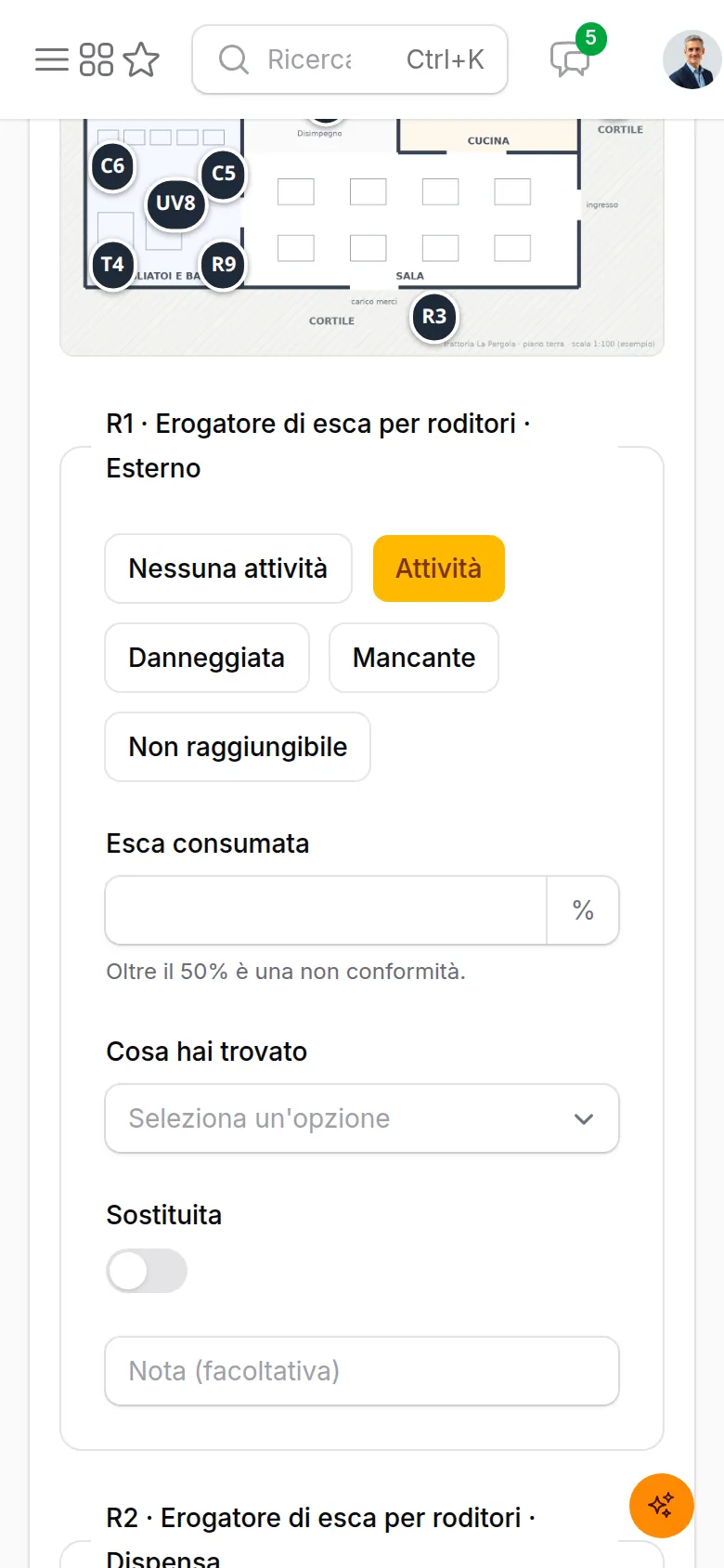 Una postazione con Attività: esca consumata, cosa si è trovato e sostituita